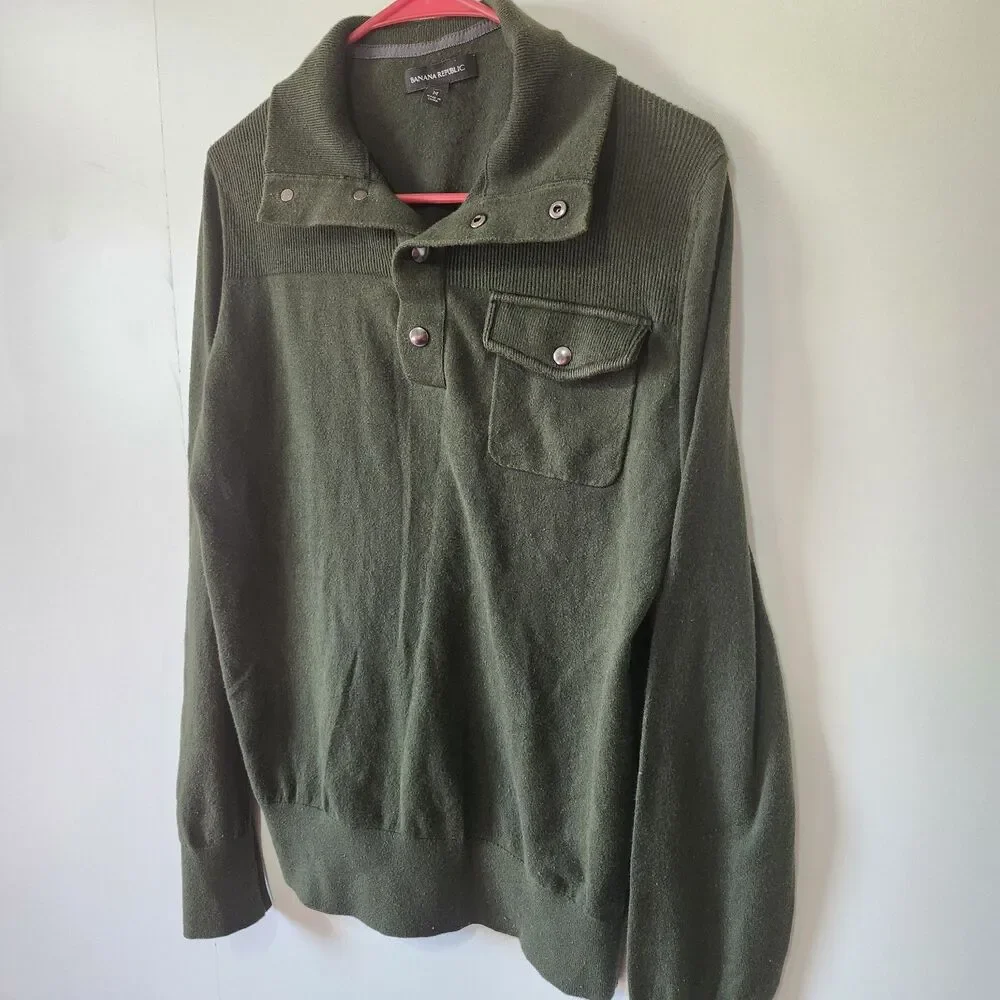 Banana Republic Mens Merino Blend Pullover Sweater Sage Green Snap Collar M Knit - Picture 2 of 10